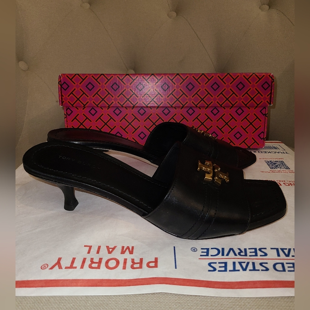 Tory Burch Designer Everly Kitten Heel Black Slide Sandals Gold Logo 8 - Picture 3 of 11